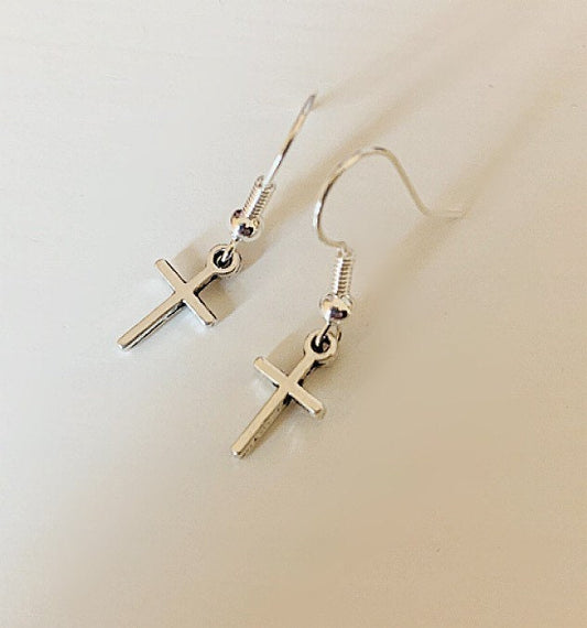 Silver little minimalistic cross drop dangle earrings