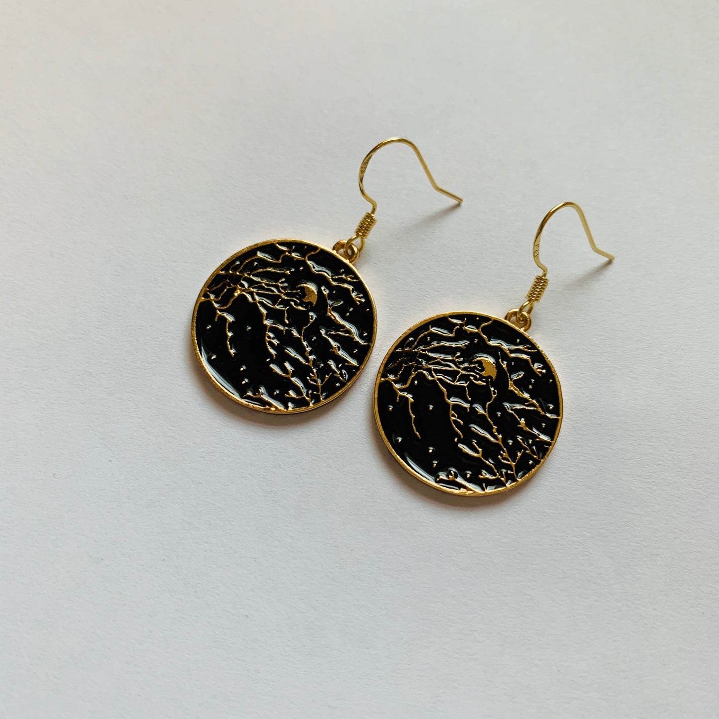 Black night sky moon gold plated dangle earrings