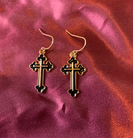 Black and gold cross dangle earrings on gold plated hooks