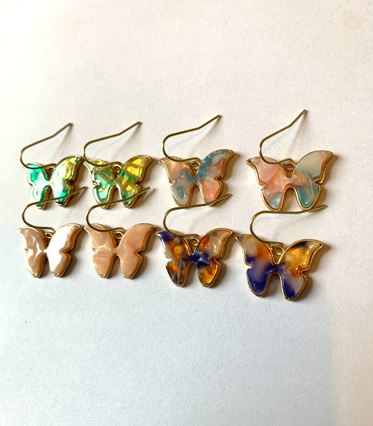 Colourful marble effect gold butterfly earrings
