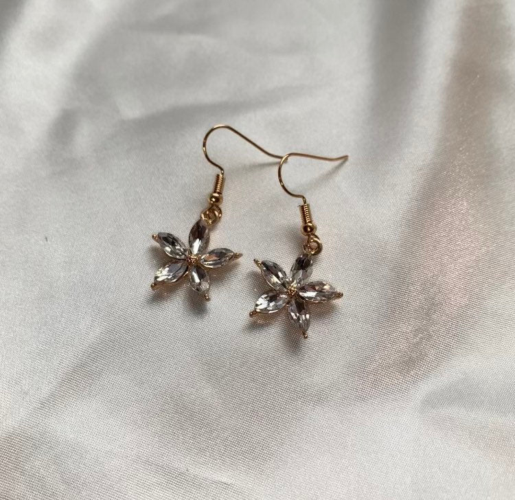 Crystal flower gold dangle earrings