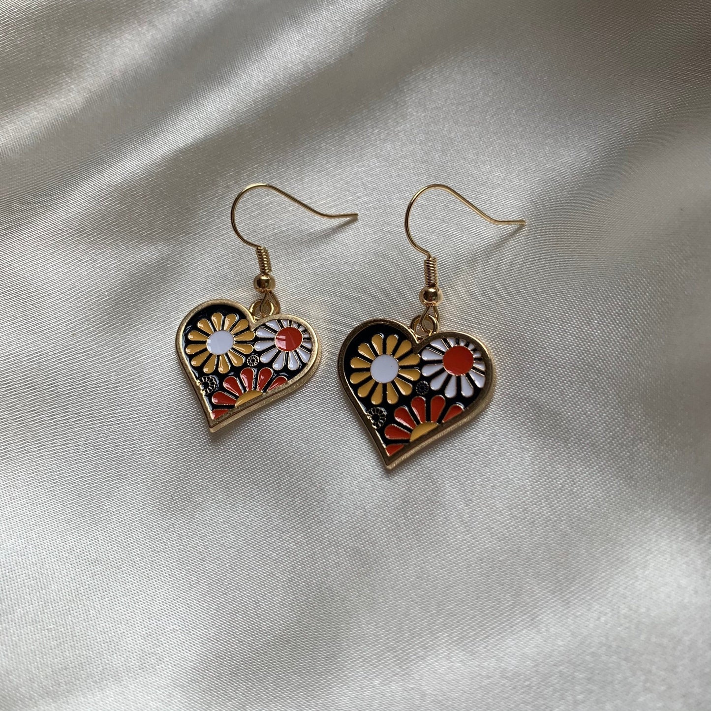 Cool quirky colourful flower in heart gold drop dangle earrings