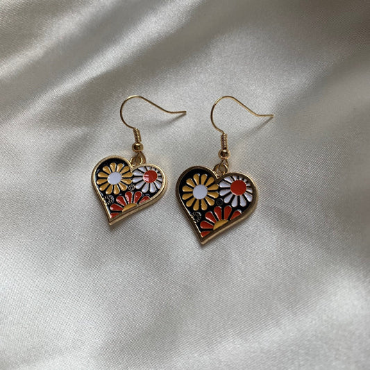 Cool quirky colourful flower in heart gold drop dangle earrings