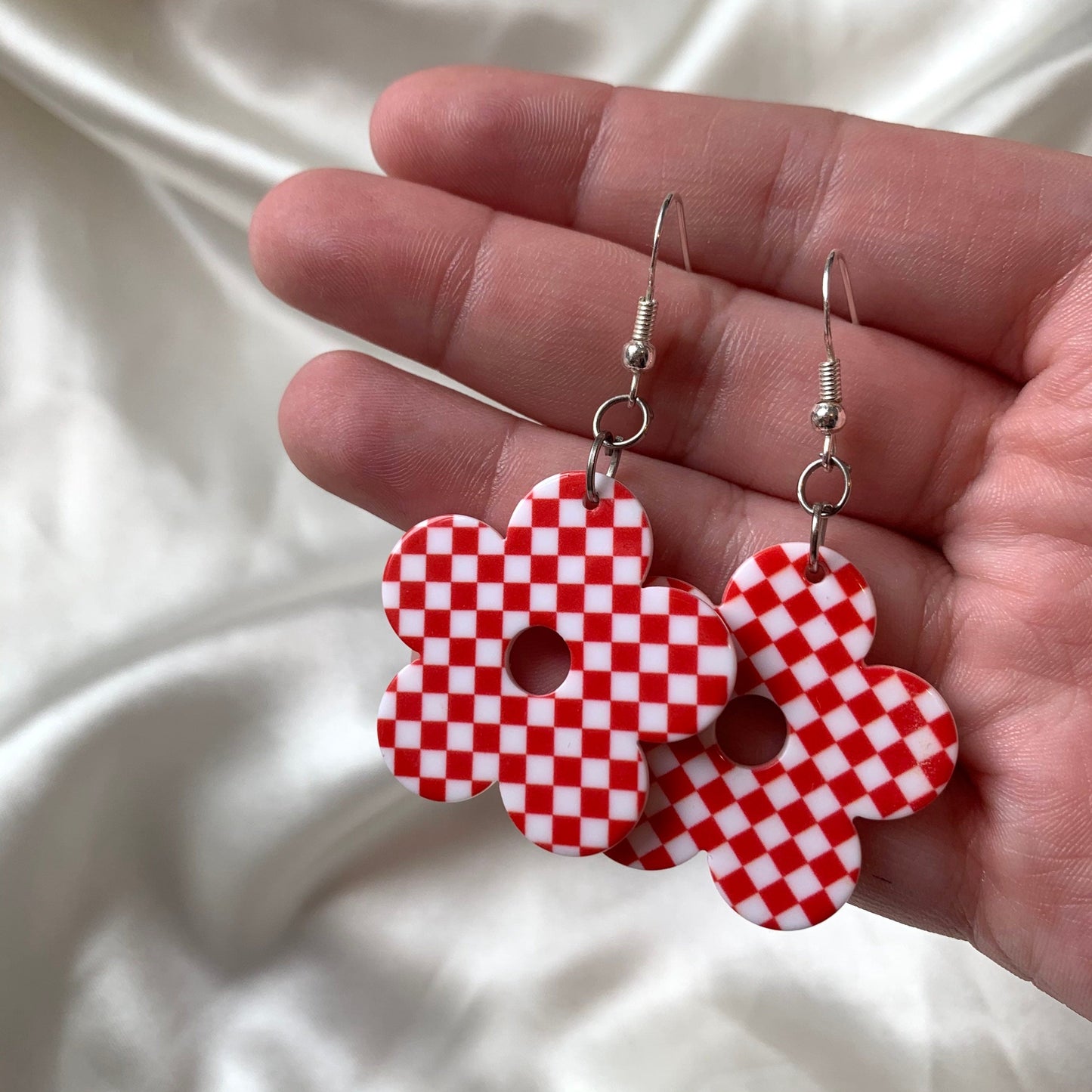 Red or yellow gingham checkerboard flower earrings