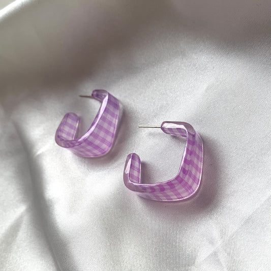 Purple or blue gingham square shaped hoop silver earrings