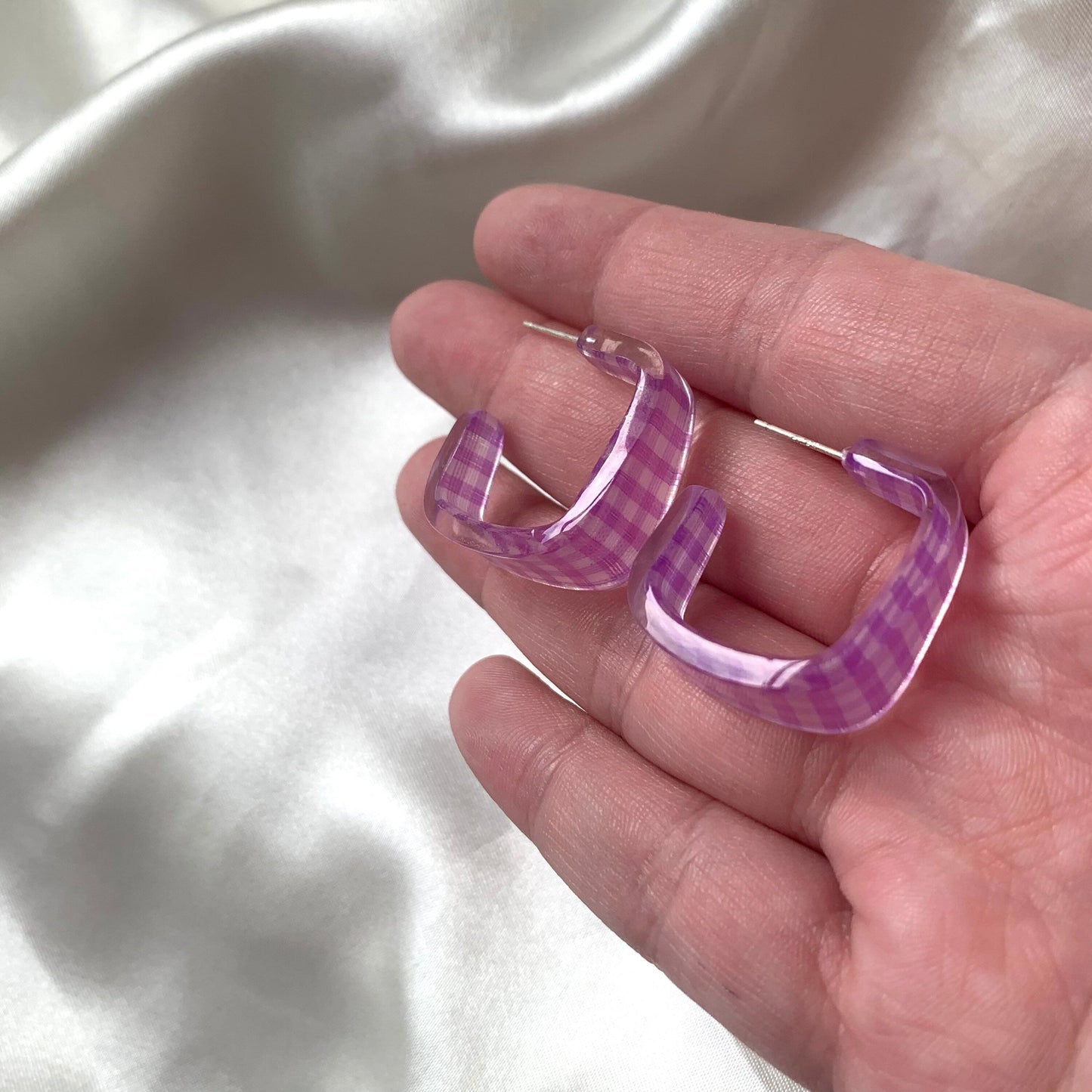 Purple or blue gingham square shaped hoop silver earrings