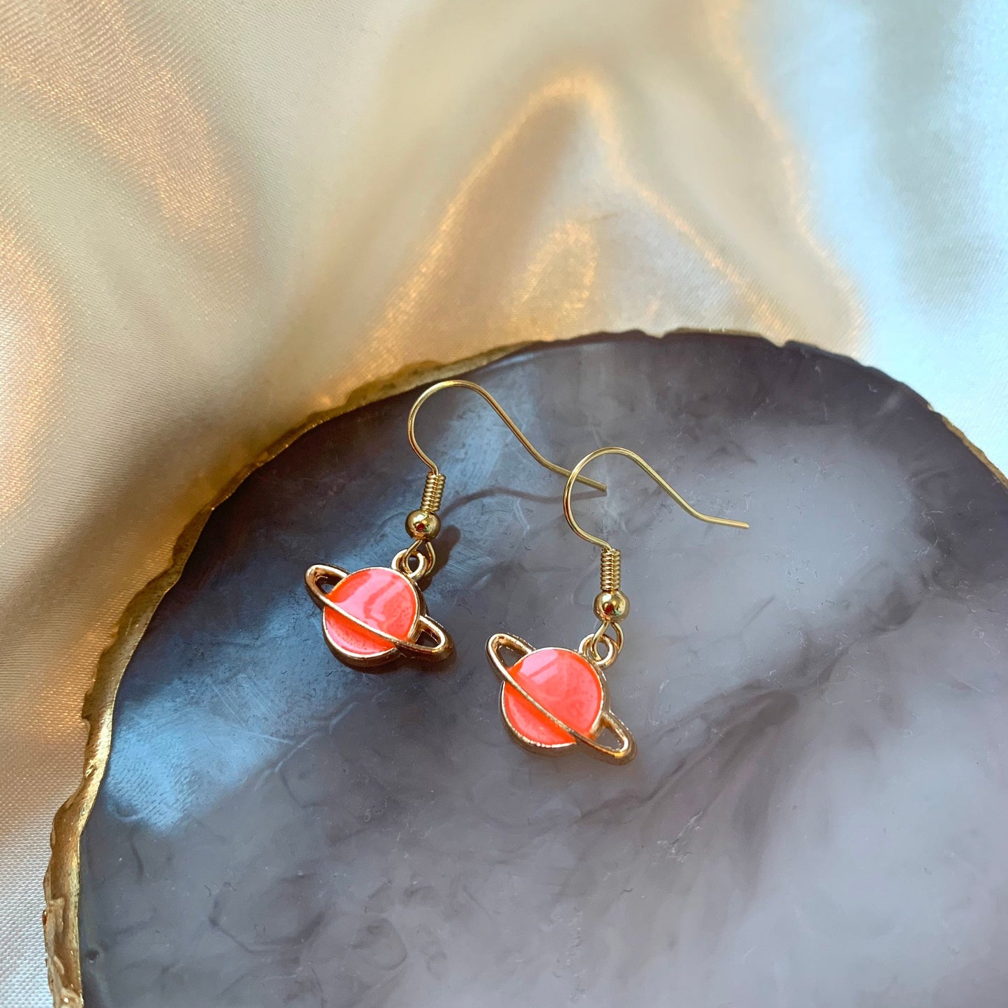 Cool quirky little blue or pink saturn planet drop dangle earrings