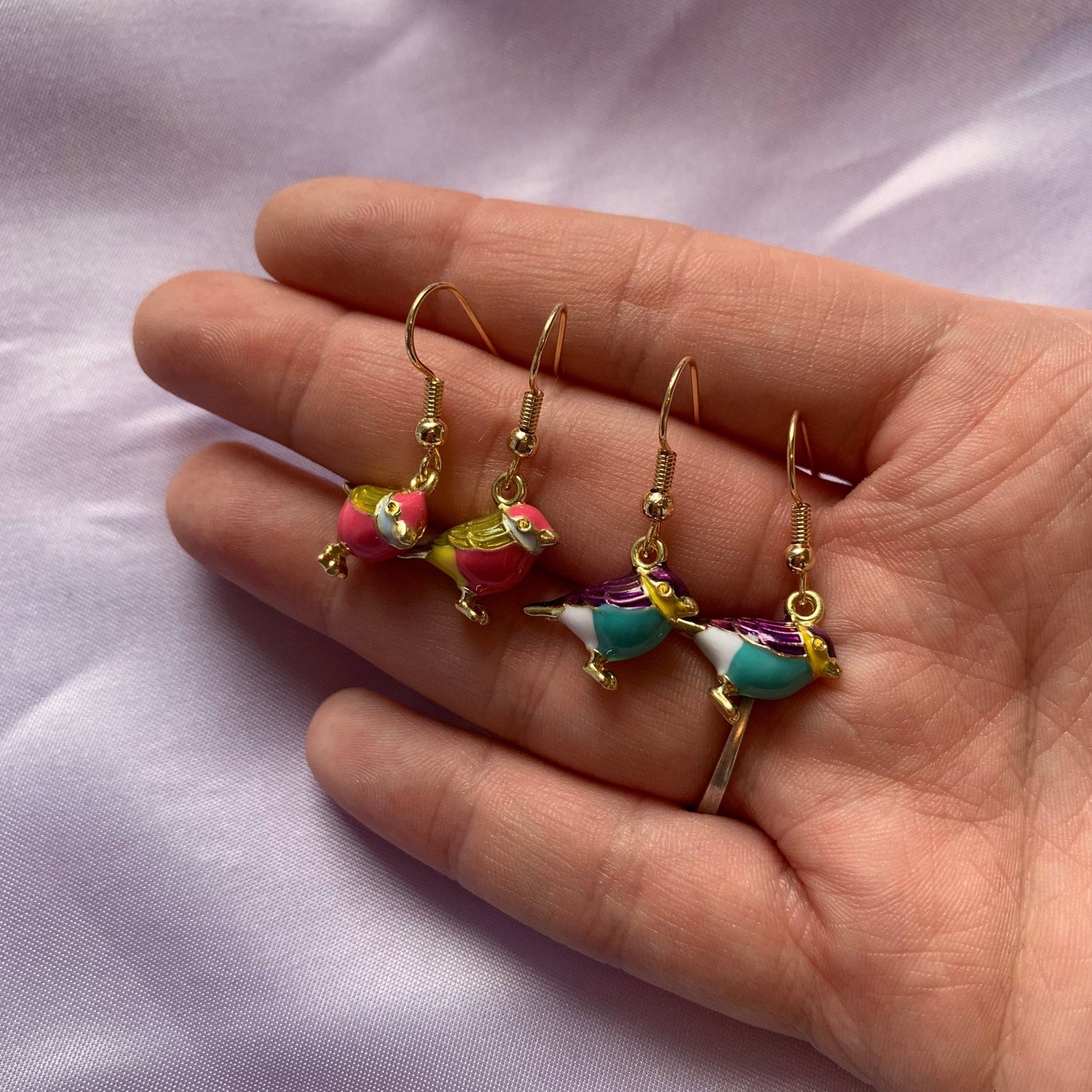 Blue or pink bird budgie gold dangle earrings