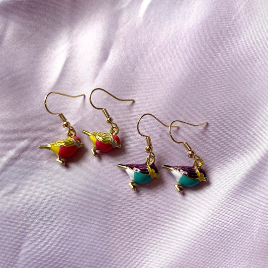 Blue or pink bird budgie gold dangle earrings