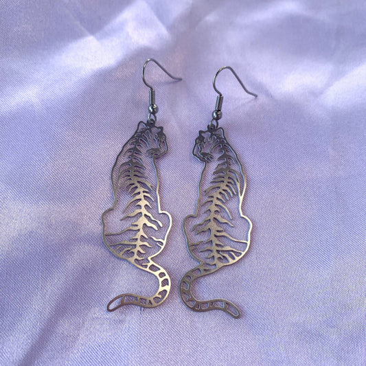 Big stainless steel silver tiger dangle earrings
