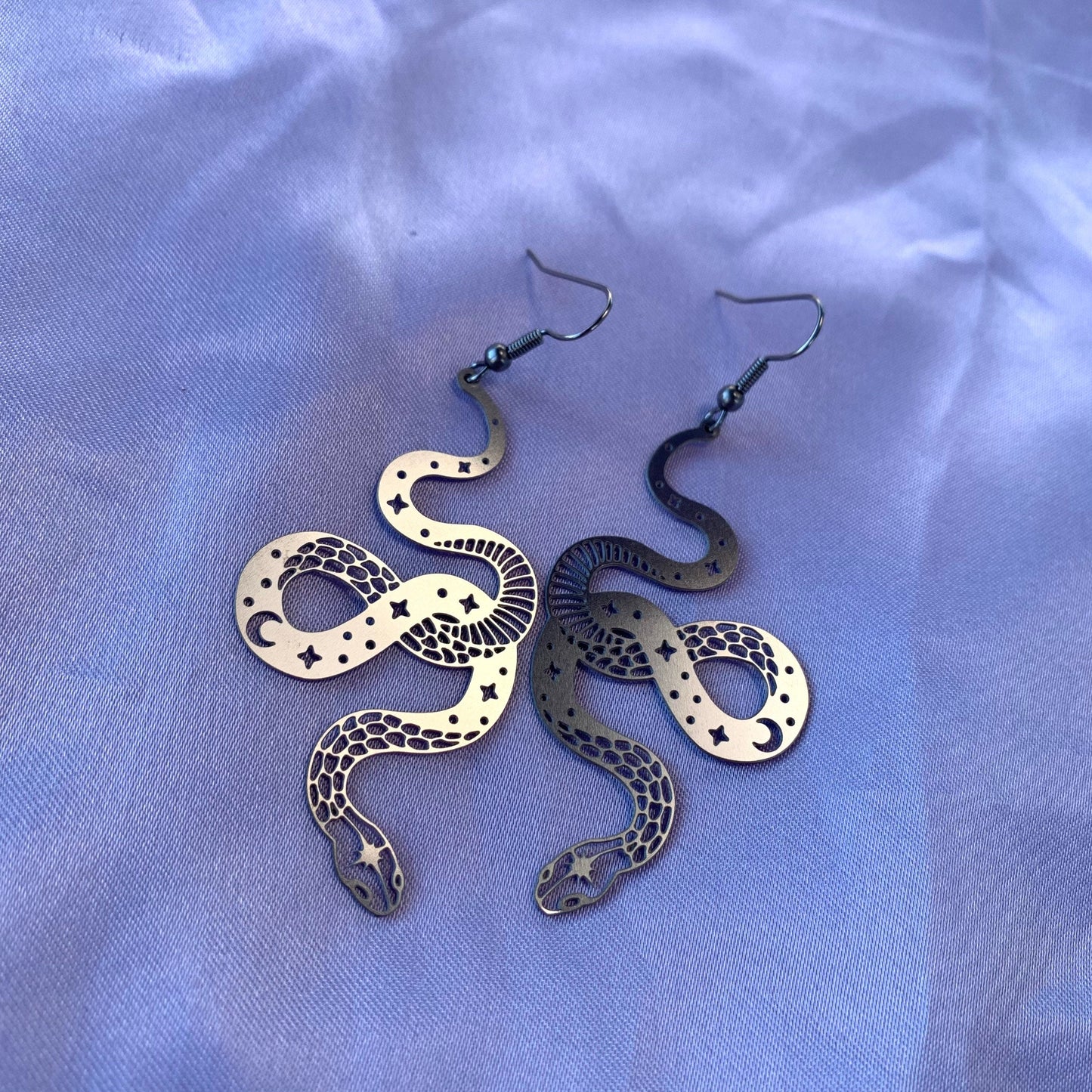 Cool quirky silver stainless steel statement celestial these moon star snake drop dangle earrings