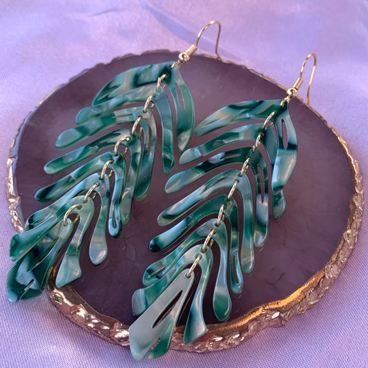 Large rainbow or green dangle gold leaf earrings