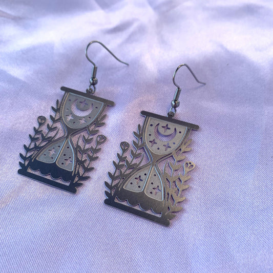 Silver stainless steel celestial floral hour glass drop dangle earrings