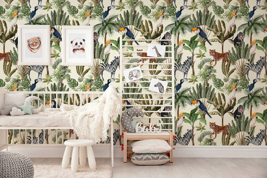 Playful Jungle Animals Watercolour Wallpaper for Nursery and Kids' Room Décor