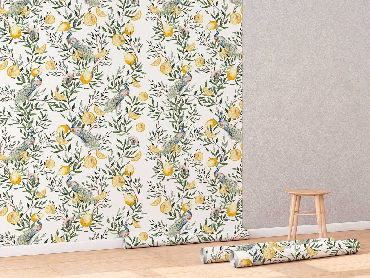 Chinoiserie Wallpaper | Watercolour Peacock with Tree Wall Mural | Floral Wallpaper | Peel and Stick or Traditional