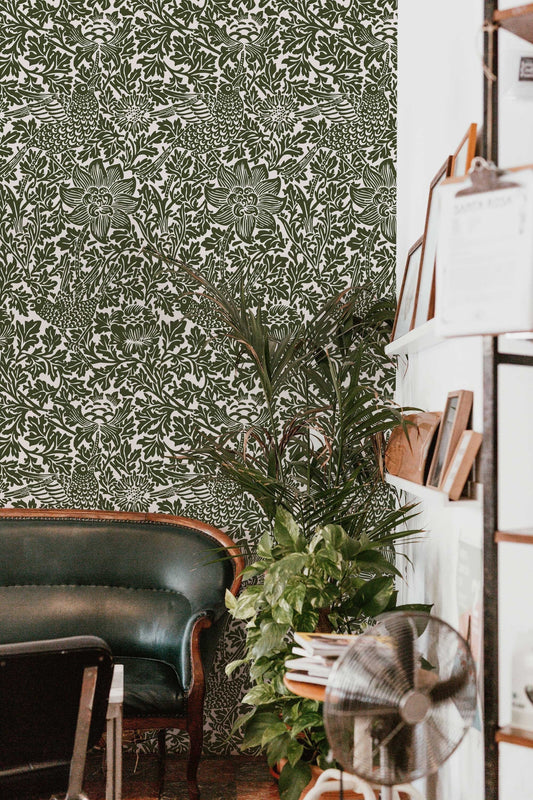 Bird Song Green William Morris Wallpaper | Mural | Feature Wall Decoration | Peel and Stick or Traditional