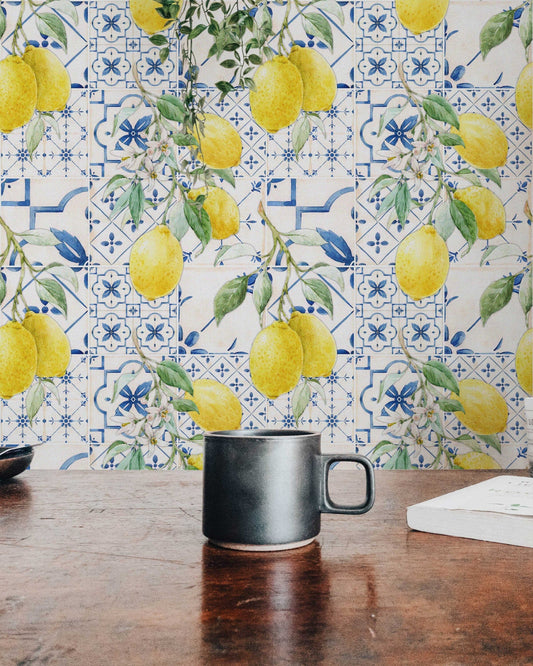 Hand-Drawn Watercolour Lemons and Blue Sicilian Style Tiles Wallpaper | Wall Mural for a Feature Wall Décor | Peel and Stick or Traditional