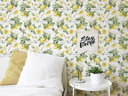 Lemon Branches Wallpaper | Watercolour Lemons and Blossom | Kitchen Wallpaper | Peel and Stick or Traditional