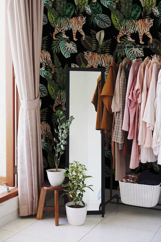 Vintage Botanical Wallpaper | Dark Tropical Plants with Tigers Wall Mural | Peel and Stick or Traditional