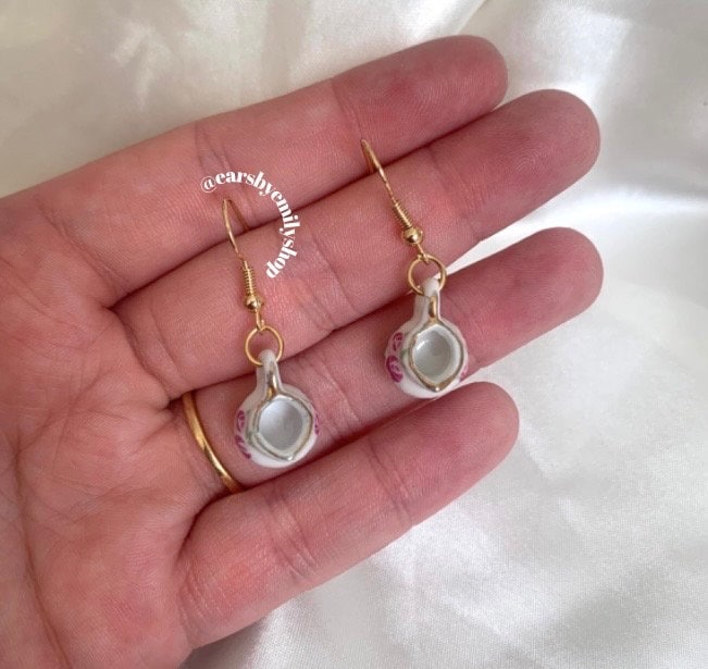 Rose white porcelain rustic tea coffee pot jug gold earrings