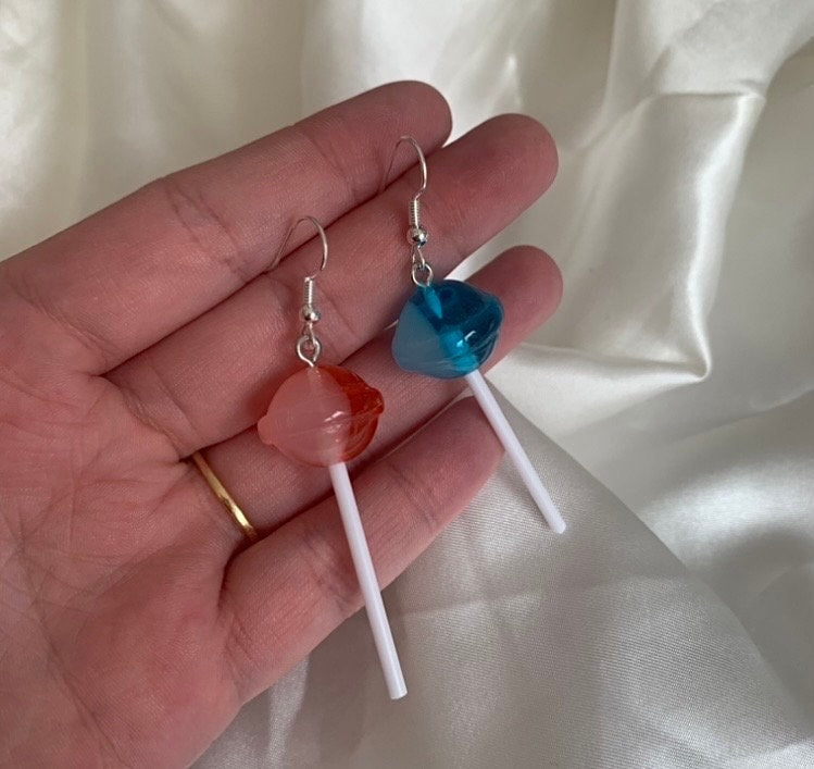 Blue or red lollipop silver dangle earrings