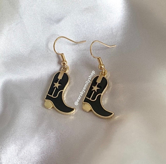 Black and gold western cowboy boot earrings