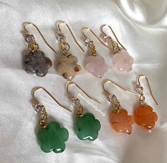 Gold plated semi precious flower crystal drop dangle earrings with diamanté - rose quartz, carnelian, green aventurine, agate