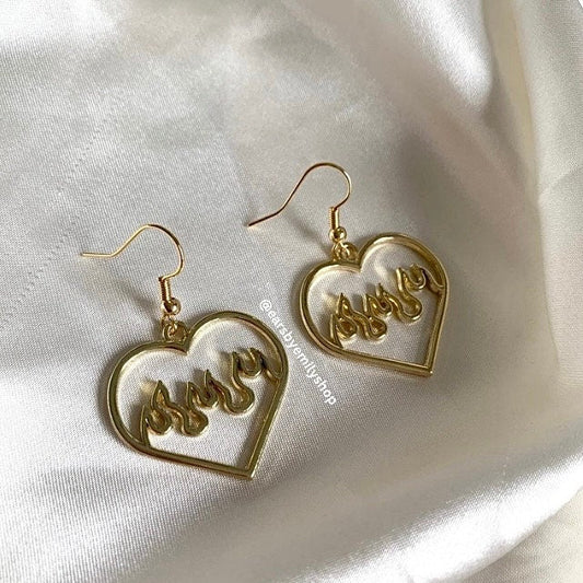 Silver or gold heart with flame dangle earrings