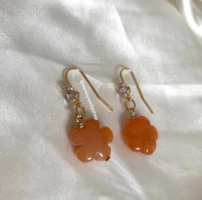 Gold plated semi precious flower crystal drop dangle earrings with diamanté - rose quartz, carnelian, green aventurine, agate