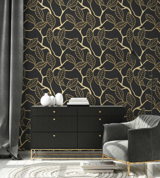 3D Gold Leaf Wallpaper | Art Deco Wall Mural | Dark Art Deco Wall Decor | Peel and Stick or Traditional