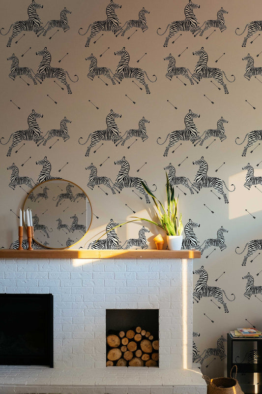 Custom Zebra with Arrow Wallpaper | Leaping Zebras Wall Mural | Custom Background Colours | Peel and Stick or Traditional