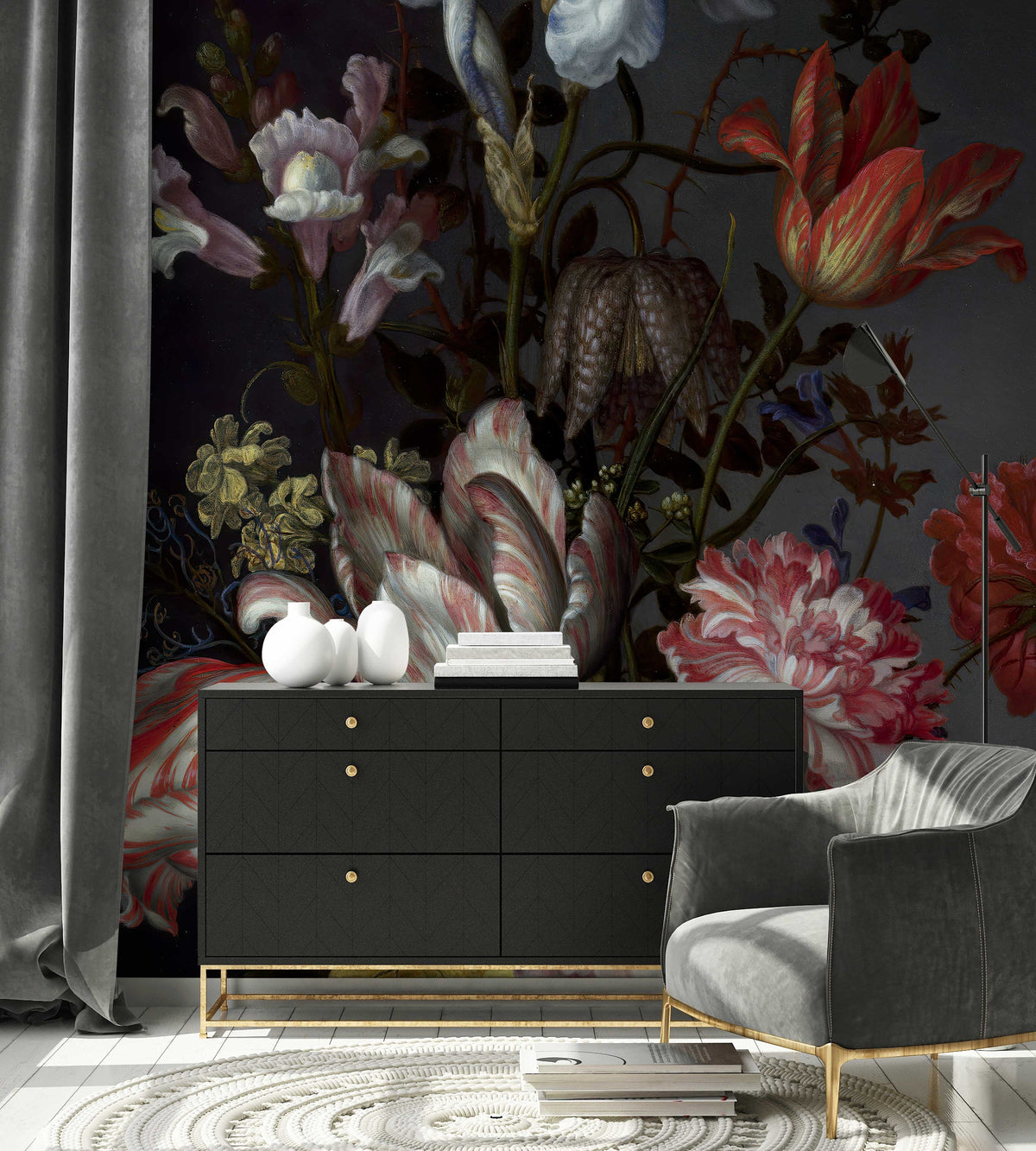 Dutch Dark Classic Floral Wallpaper | Wall Mural | Floral Wallpaper | Peel and Stick or Traditional