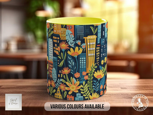 Cityscape Wildflower Pattern Full Wrap Coloured Art Mug - Design 3