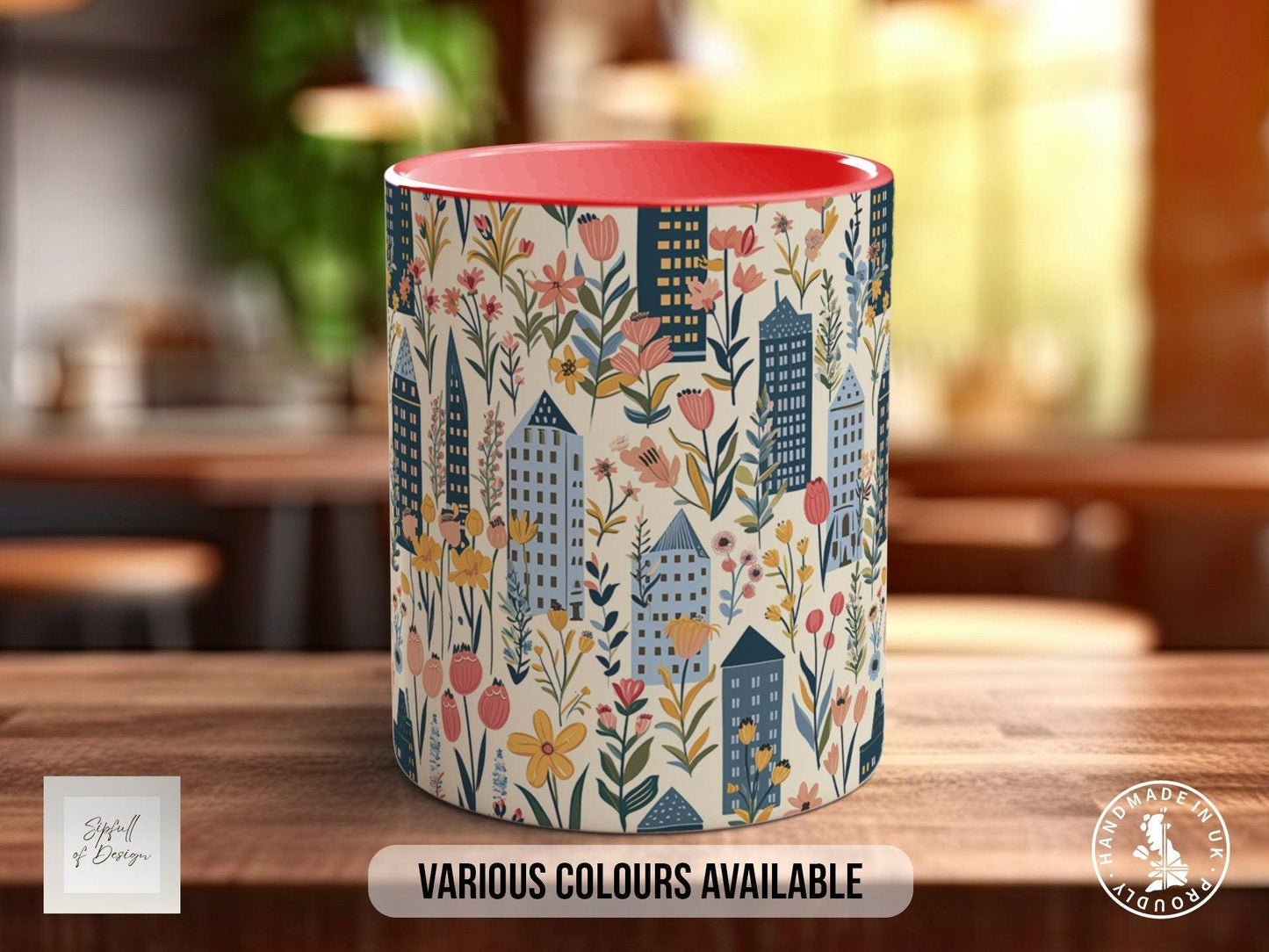 Cityscape Wildflower Pattern Full Wrap Coloured Art Mug - Design 13