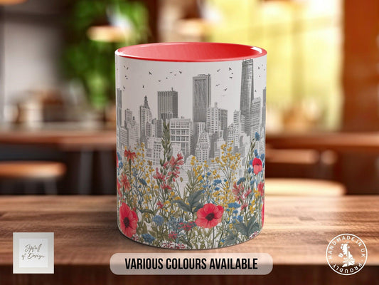 Cityscape Wildflower Pattern Full Wrap Coloured Art Mug - Design 2