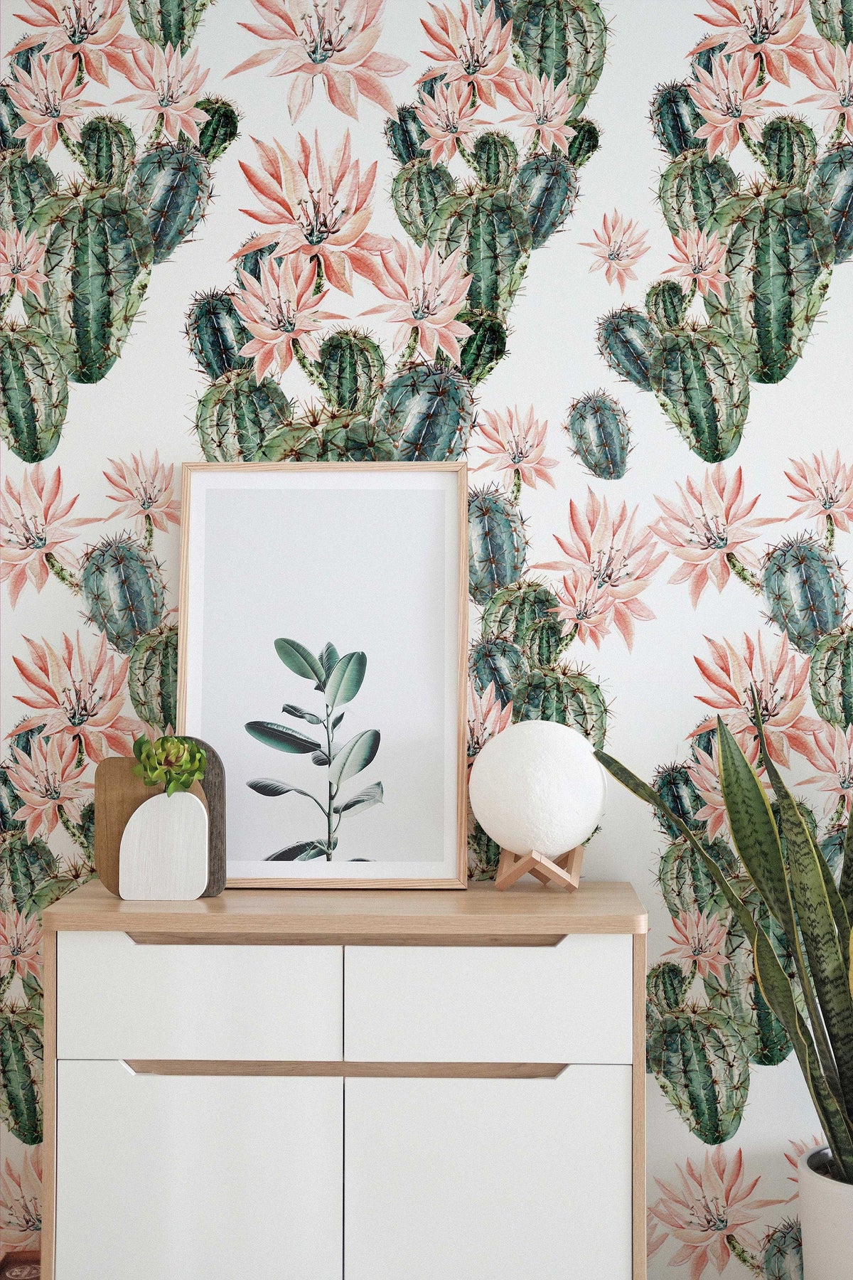 Watercolour Cactus Flowers Wallpaper | Cacti Wall Mural | Cactus Print | Floral Wall Décor | Floral Wallcovering | Peel and Stick or Traditional