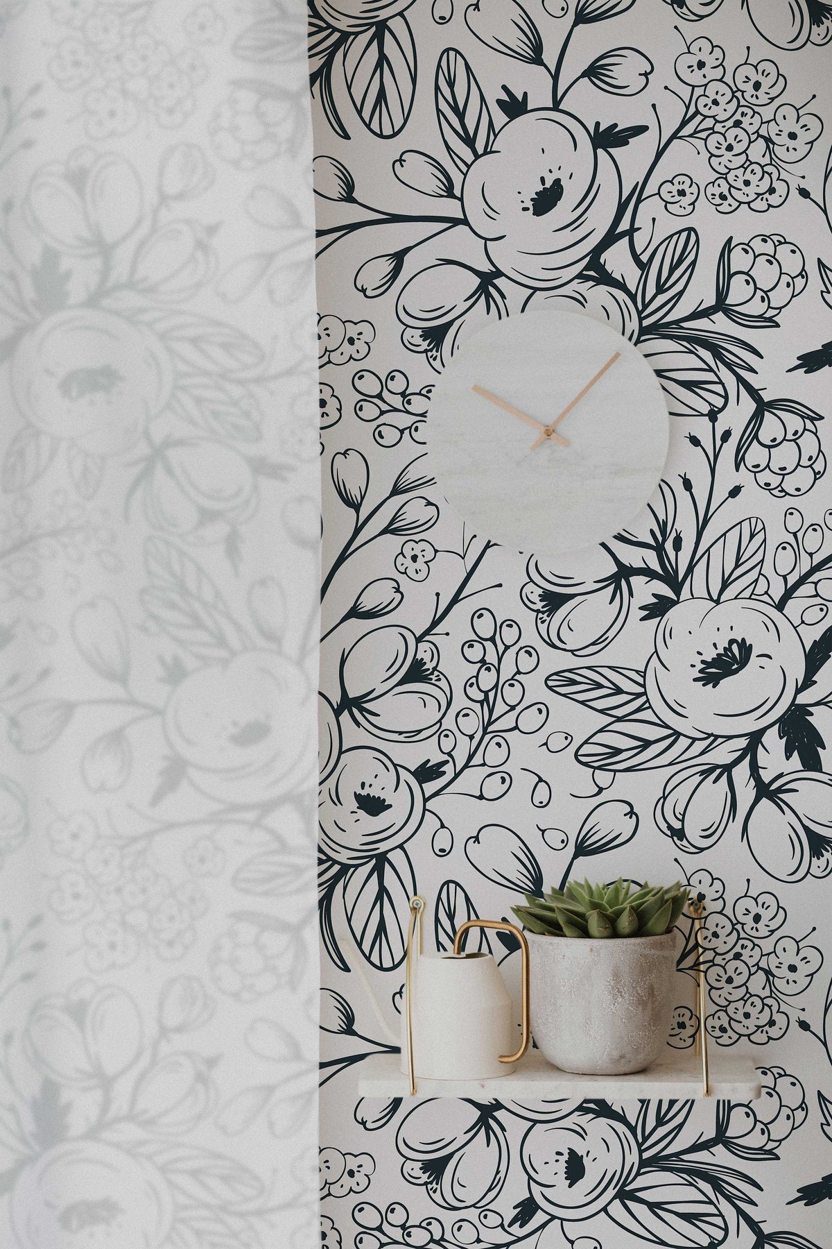 Black and White Spring Floral Wallpaper | Nursery Wall | Mural | Children Wall | Art | Meadow | Doodle | Peel and Stick or Traditional