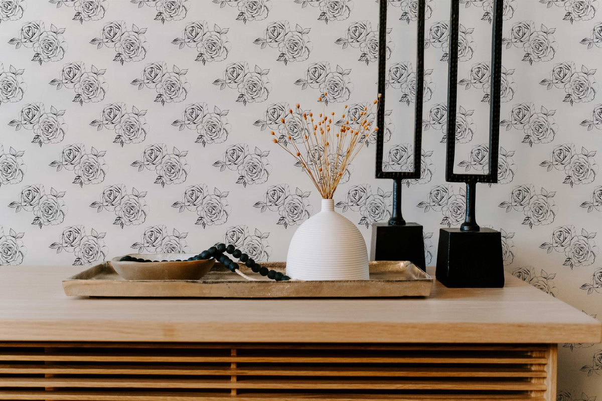 Sketch Rose Wallpaper | Sketch Floral Wall Mural | Black and White Roses Wallpaper | Peel and Stick or Traditional
