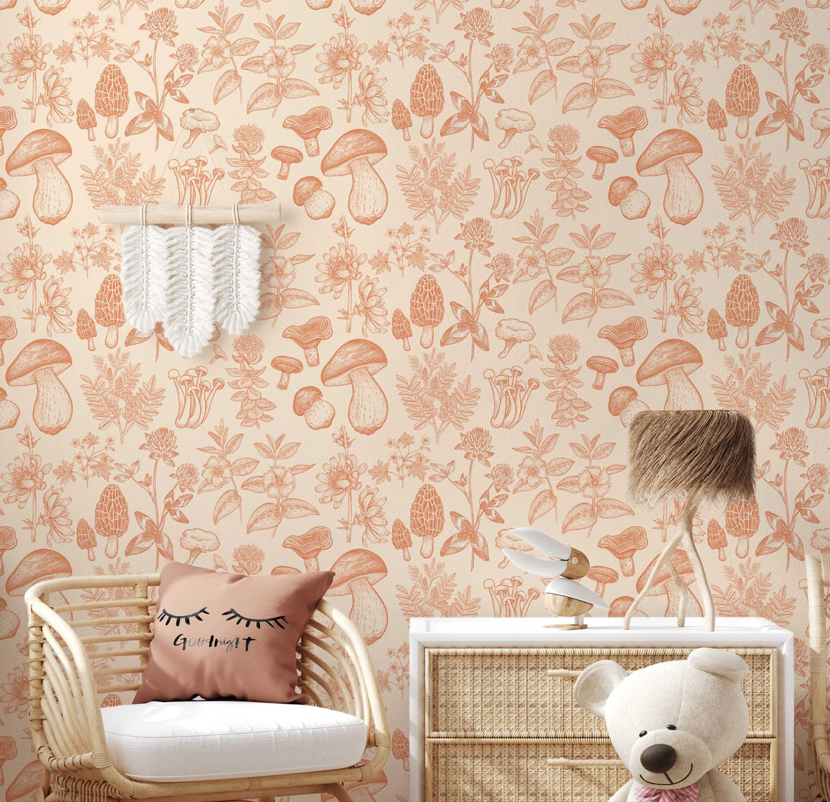 Mushroom Wallpaper | Orange Wallpaper | Mid Century Modern Wallpaper | Kids Mushroom Wallpaper | Vintage Wallpaper | Peel and Stick or Traditional