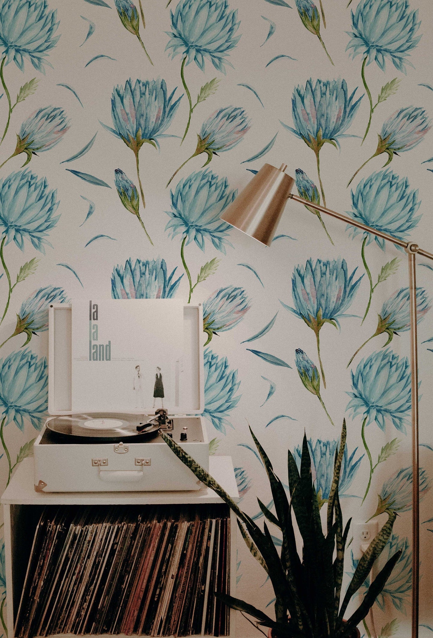 Blue Flowers Wallpaper | Green Leaves Nature Wall Art | Removable Wallpaper | Peel and Stick Wallpaper | Light Wallpaper | Home Decor