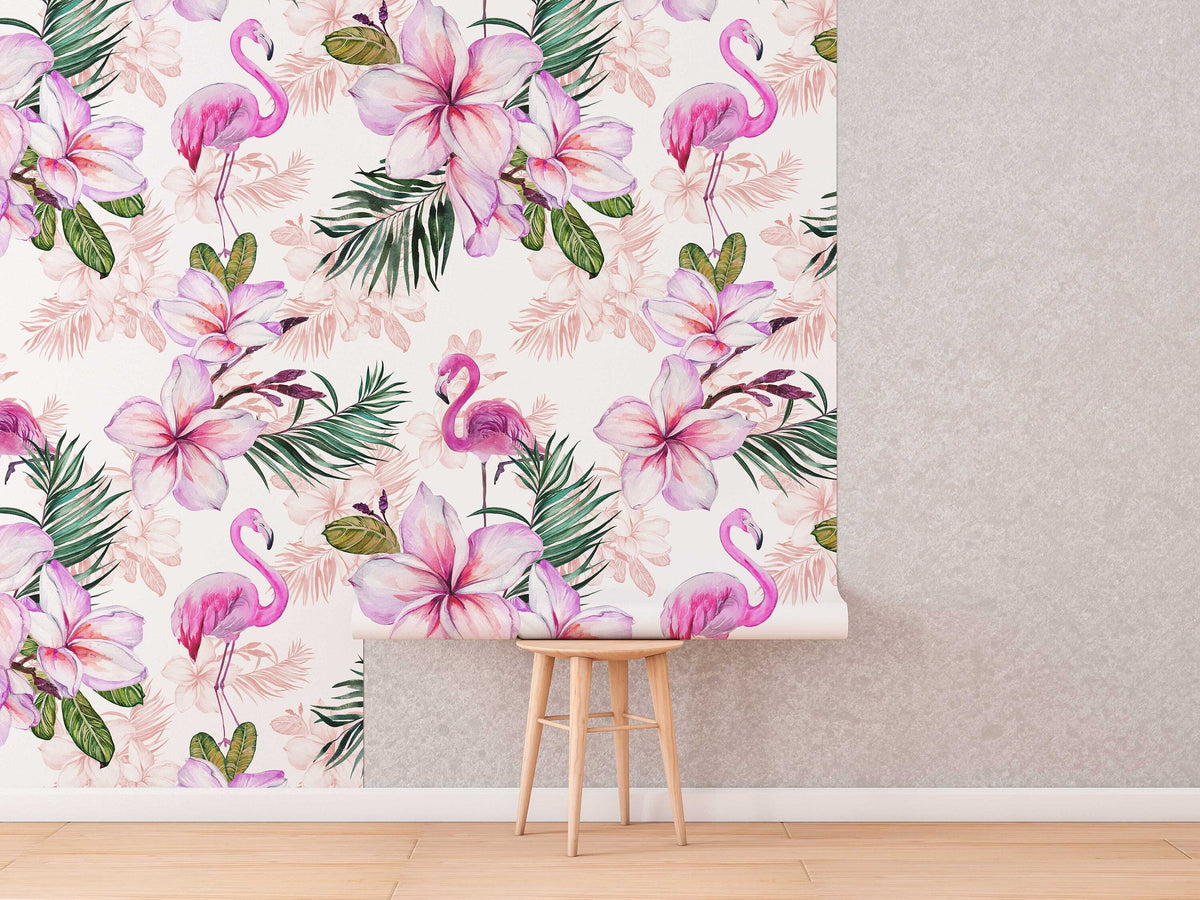 Pink Flamingo Floral Wallpaper | Pink Nursery Wallpaper | Baby Girl Blushing Pink Flamingo & Floral Décor | Peel and Stick or Traditional