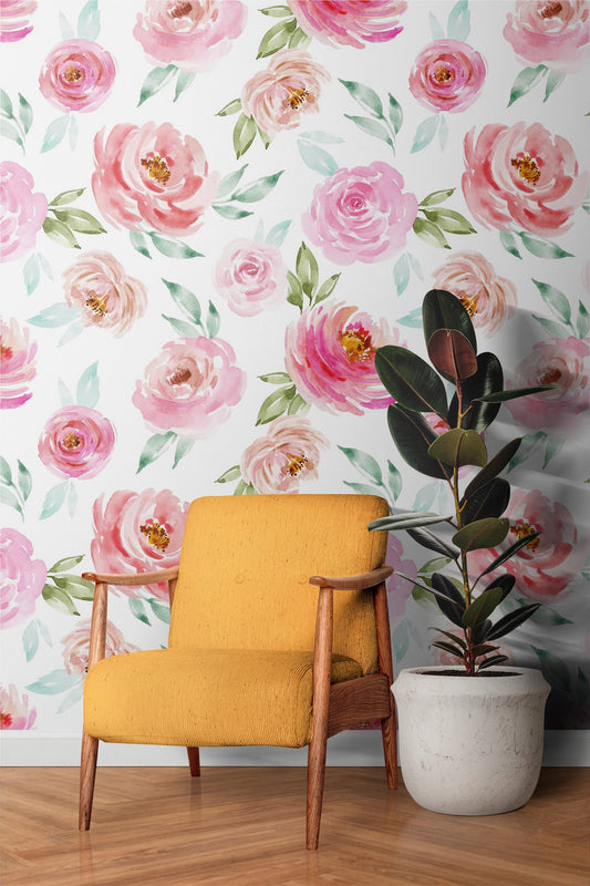 Soft Pink Roses Wallpaper | Floral Wallpaper | Watercolour Wallpaper | Flower Wallpaper Mural | Peel and Stick or Traditional