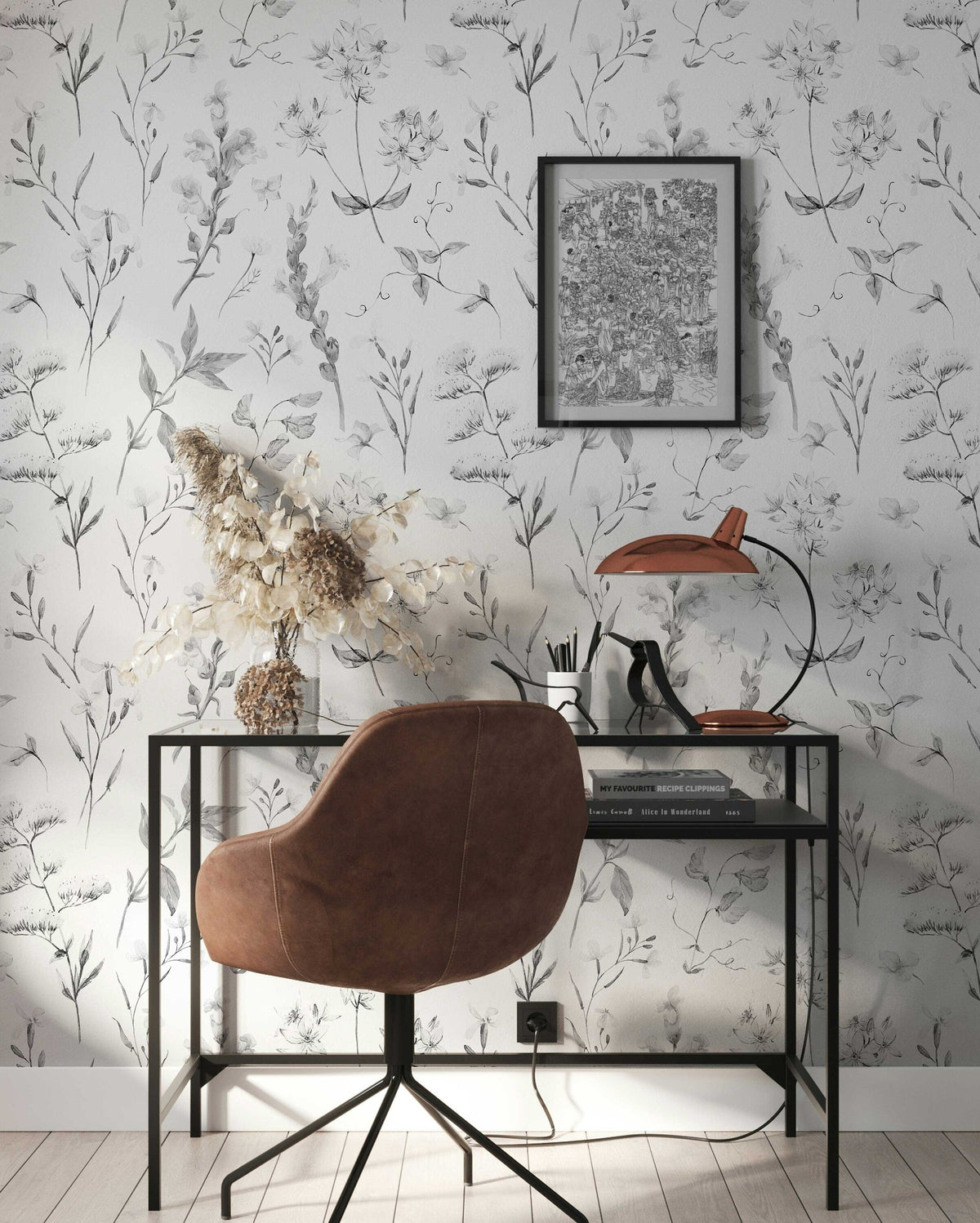 Delicate Wildflowers Wallpaper | Soft Shades of Grey Floral Pattern for All Rooms | Peel and Stick or Traditional