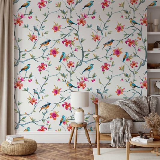 Floral Hummingbird Peel and Stick Wallpaper | Floral Wallpaper | Hummingbird Wallpaper | Vintage Look Wallpaper | Floral Home Decor