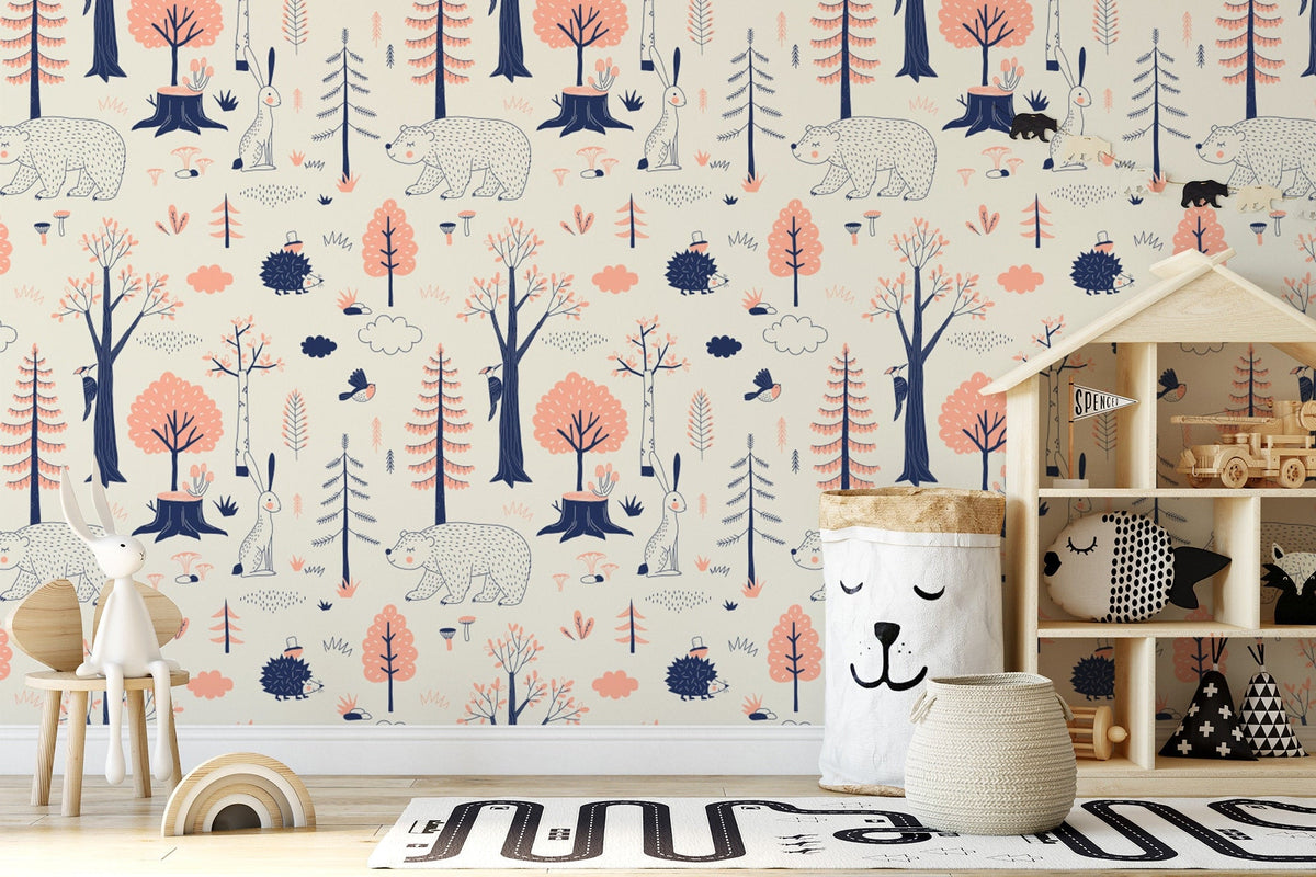 Woodland Animals Kids Room Wallpaper | Forest Nursery Wall Mural | Rabbit Wallpaper Watercolour Wall Décor Nursery | Peel and Stick or Traditional