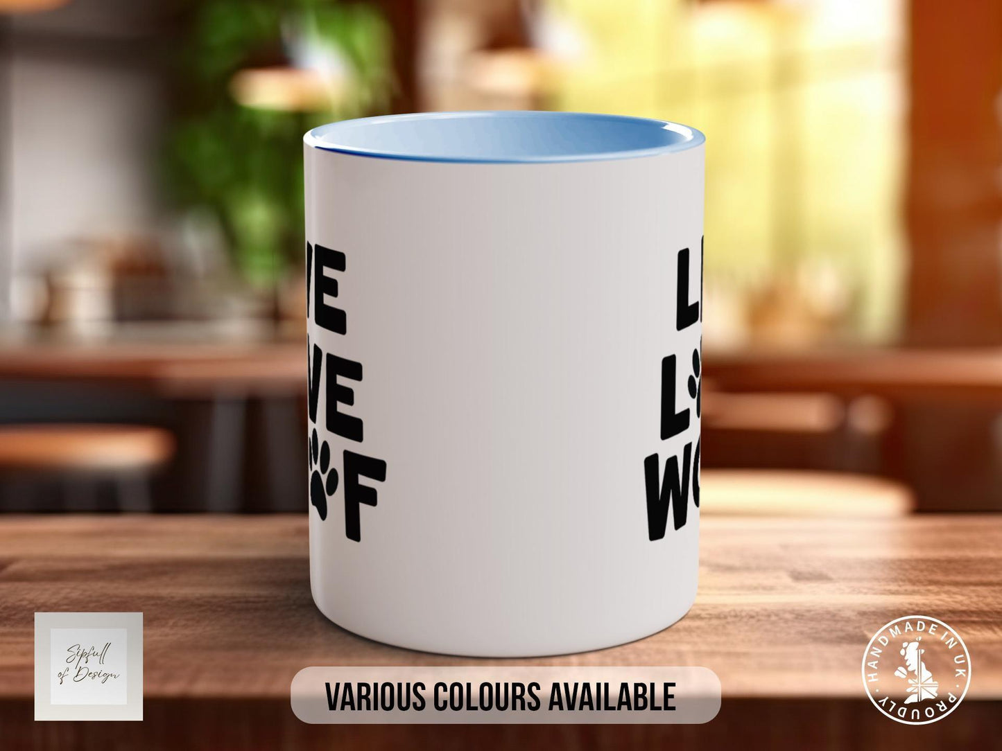 Live Love Woof Mug, Dog Lover Gift, Cute Paw Print Coffee Cup, Dog Mum or Dad Mug, Colourful Pet Owner Gift for Animal Lovers