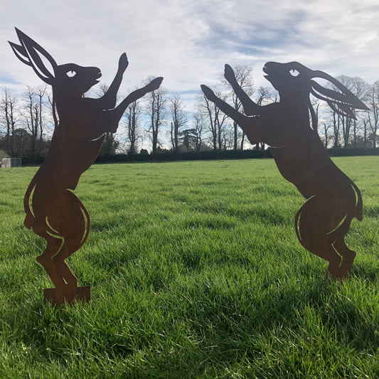 Pair Of Rusty Metal Boxing Hares Garden Decoration