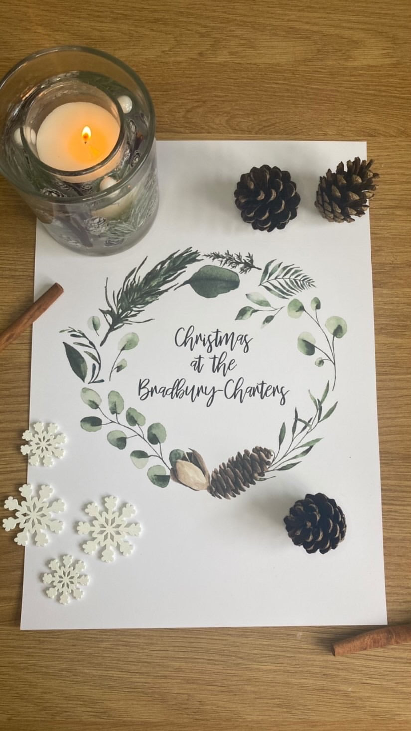 Personalised Custom Wording Christmas At Acorn Wreath Christmas Seasonal Wall Home Decor Print