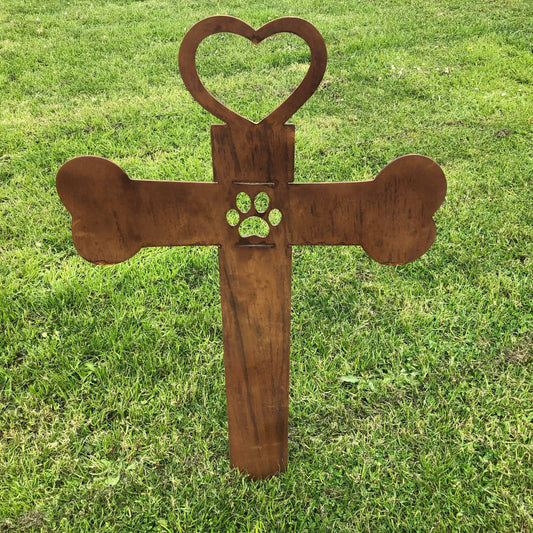 Rusty Metal Pet Memorial Cross Decoration