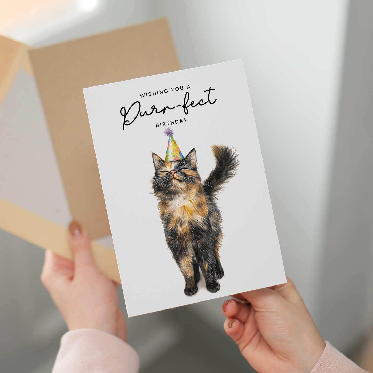 Tortoiseshell Cat Birthday Card – Cute Cat Lover Card with Party Hat – Purr-fect Birthday Greeting Card for Cat Owners